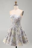 Blue Flower Jacquard Corset A Line Strapless Short Homecoming Dress