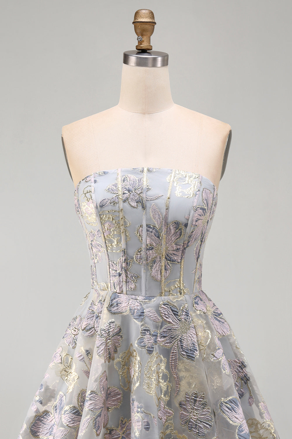 Blue Flower Jacquard Corset A Line Strapless Short Homecoming Dress