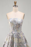 Blue Flower Jacquard Corset A Line Strapless Short Homecoming Dress