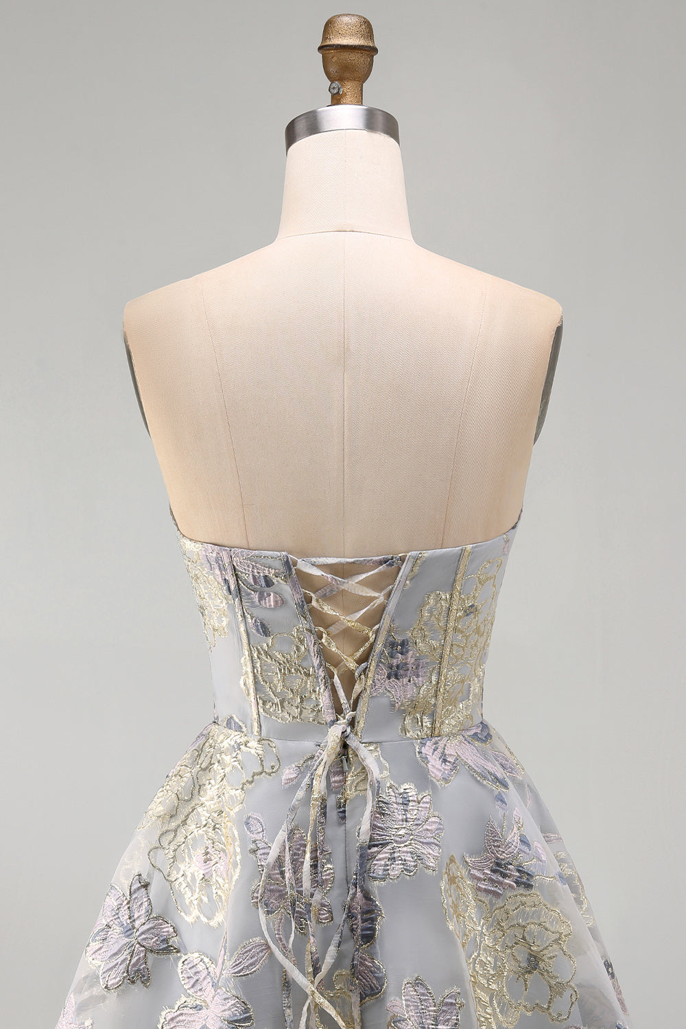 Blue Flower Jacquard Corset A Line Strapless Short Homecoming Dress