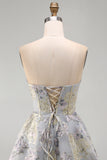 Blue Flower Jacquard Corset A Line Strapless Short Homecoming Dress