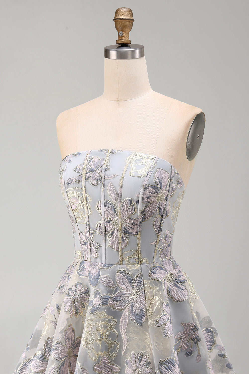 Blue Flower Jacquard Corset A Line Strapless Short Homecoming Dress