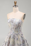 Blue Flower Jacquard Corset A Line Strapless Short Homecoming Dress