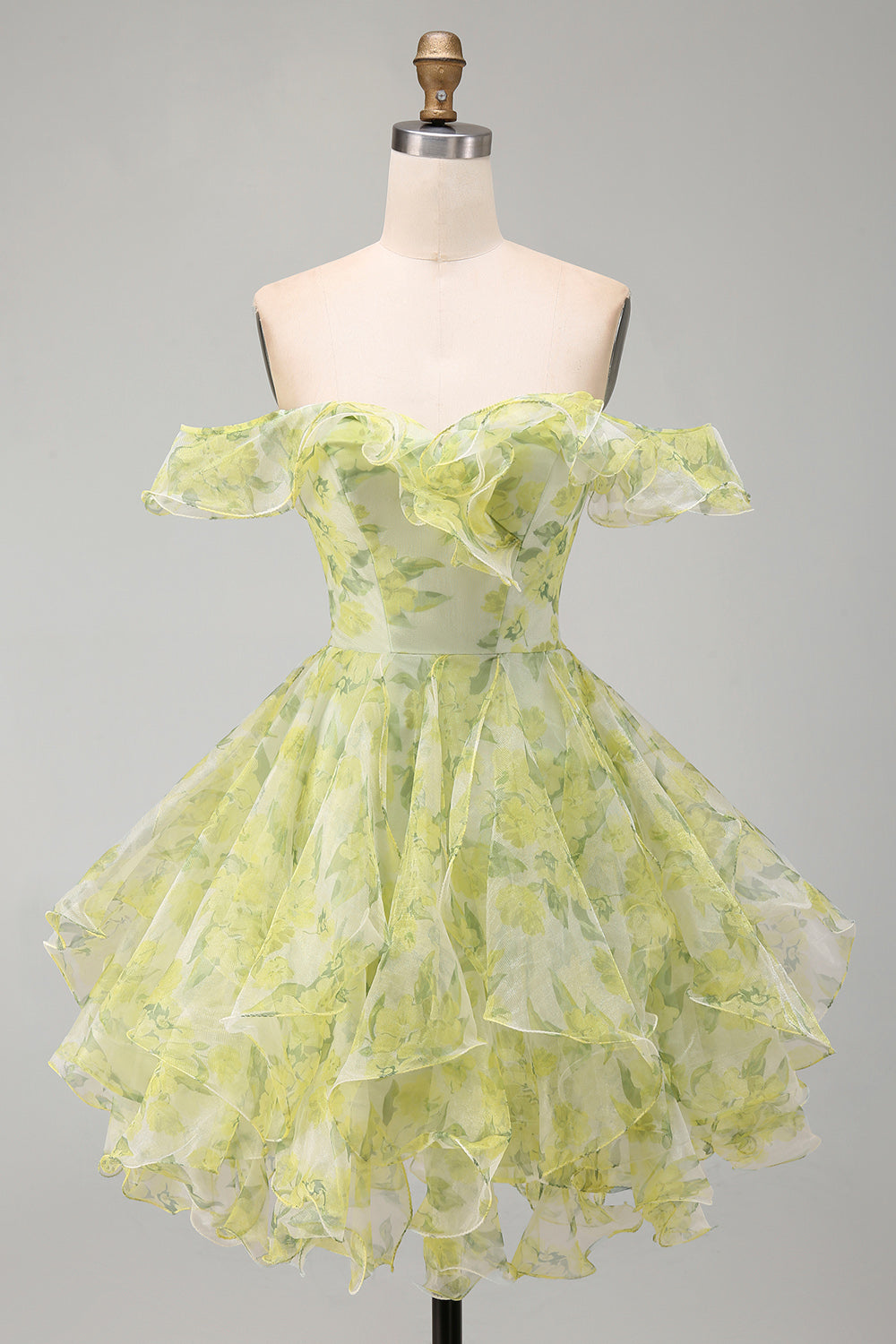 Yellow Green Floral Ruffled A Line Off the Shoulder Short Homecoming Dress