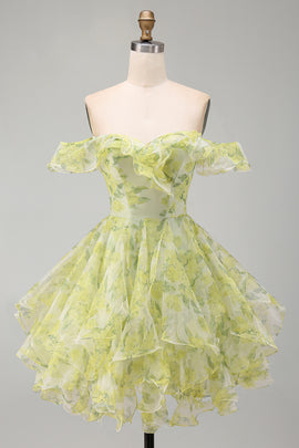 Yellow Green Floral Ruffled A Line Off the Shoulder Short Homecoming Dress