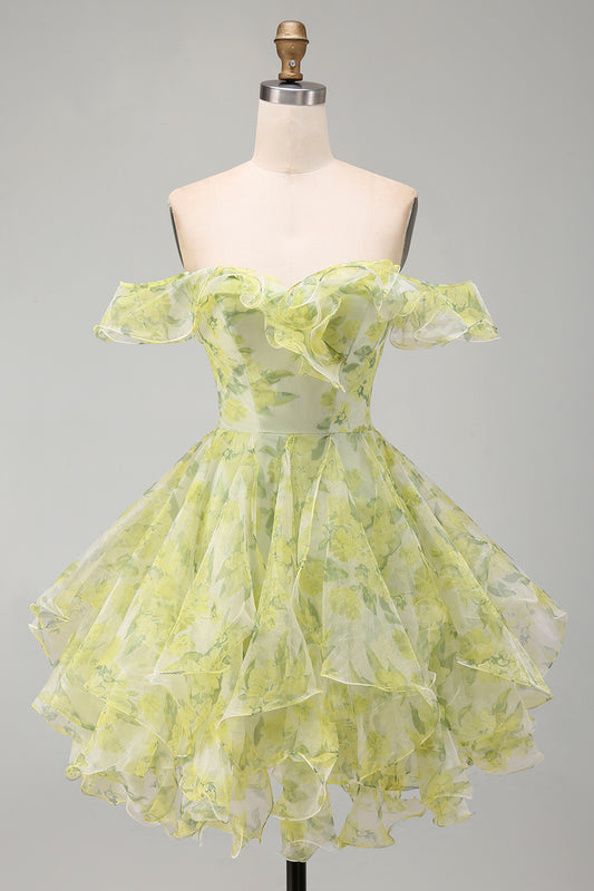 Yellow Green Floral Ruffled A Line Off the Shoulder Short Homecoming Dress