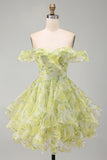 Yellow Green Floral Ruffled A Line Off the Shoulder Short Homecoming Dress