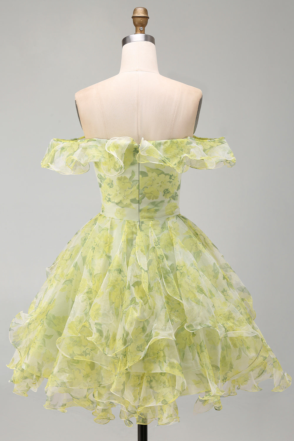 ZAPAKA Women Yellow Green Floral Homecoming Dress with Ruffles Off the Shoulder A-Line Short Cocktail Dress, Yellow Green / US18W