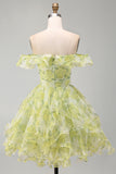 Yellow Green Floral Ruffled A Line Off the Shoulder Short Homecoming Dress