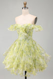 Yellow Green Floral Ruffled A Line Off the Shoulder Short Homecoming Dress