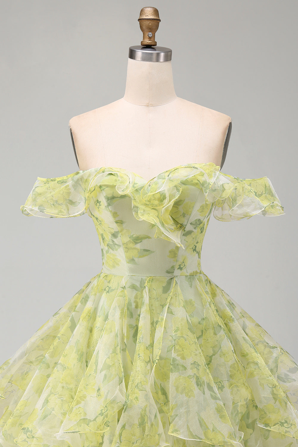 Yellow Green Floral Ruffled A Line Off the Shoulder Short Homecoming Dress