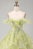 Yellow Green Floral Ruffled A Line Off the Shoulder Short Homecoming Dress