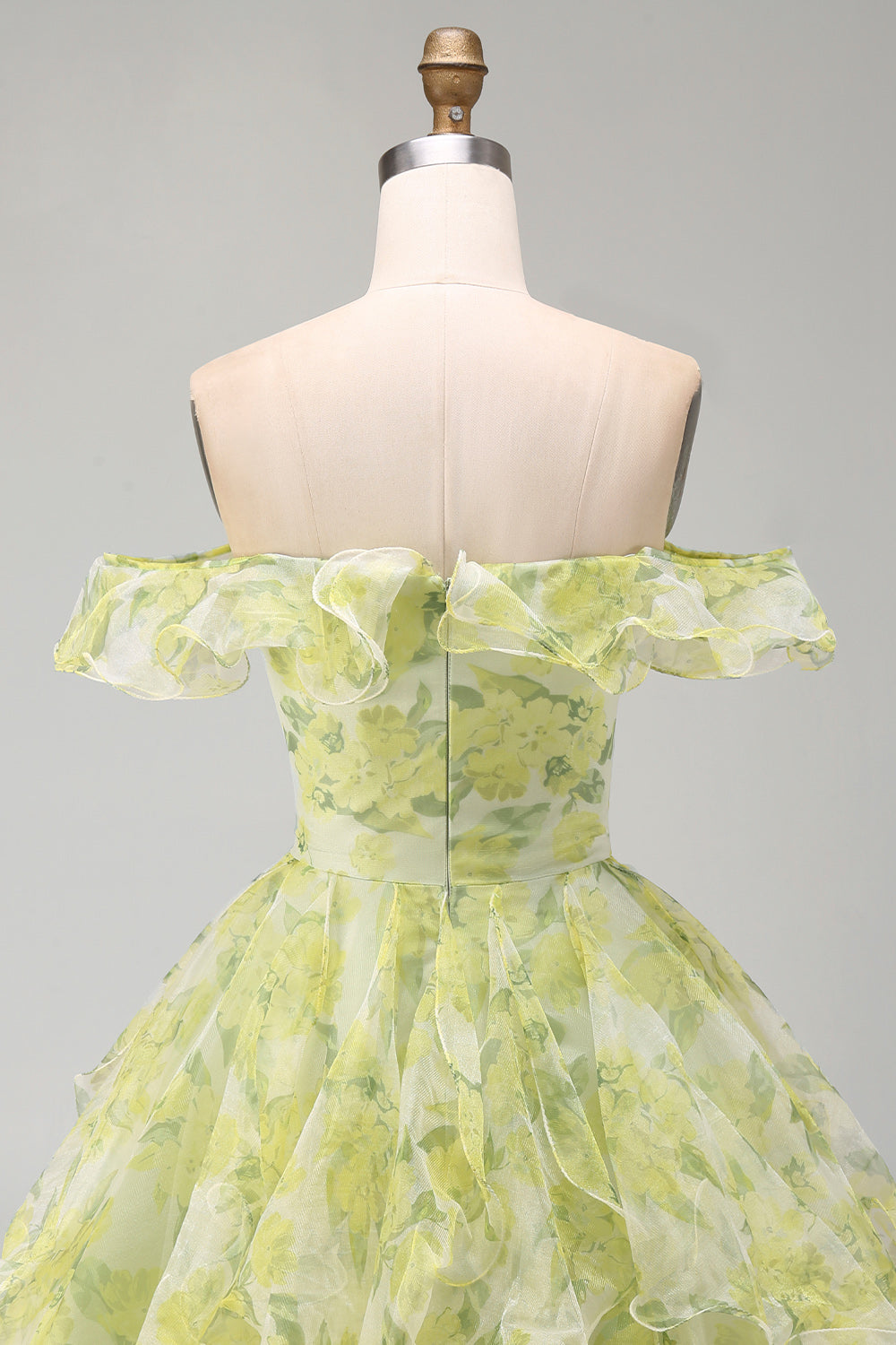 Yellow Green Floral Ruffled A Line Off the Shoulder Short Homecoming Dress