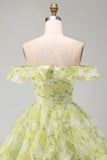 Yellow Green Floral Ruffled A Line Off the Shoulder Short Homecoming Dress