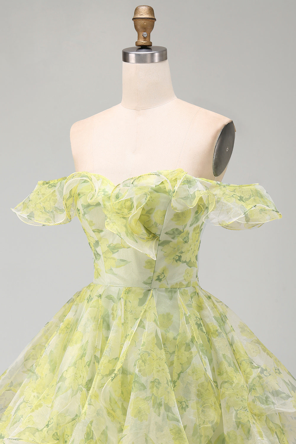 Yellow Green Floral Ruffled A Line Off the Shoulder Short Homecoming Dress