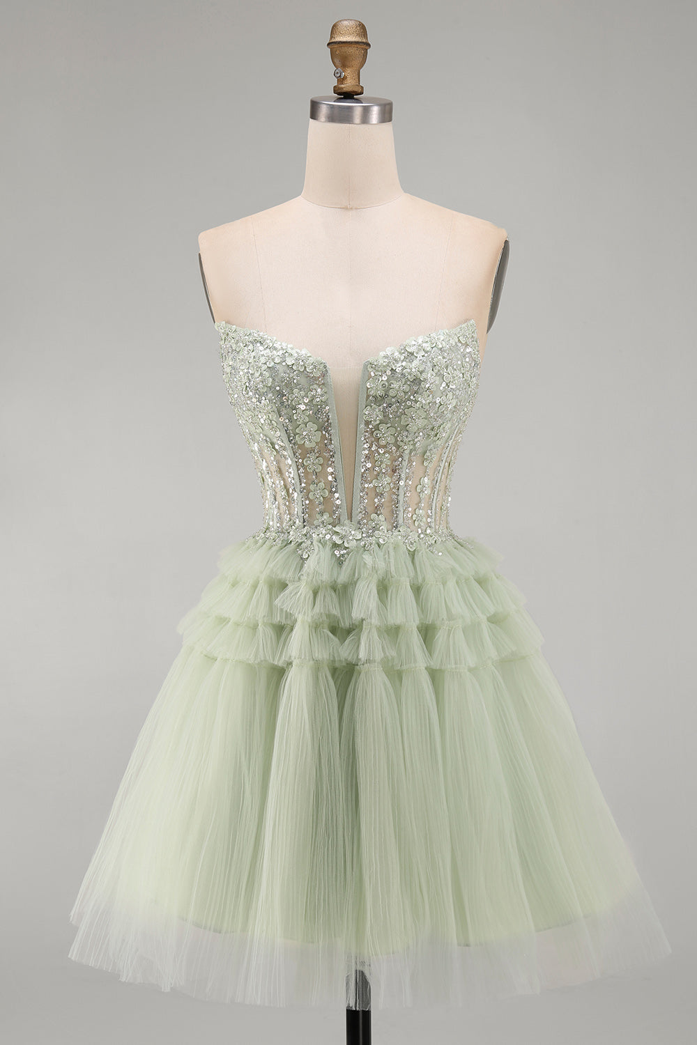 Dusty Sage Floral A-Line Ruffled Short Corset Homecoming Dress
