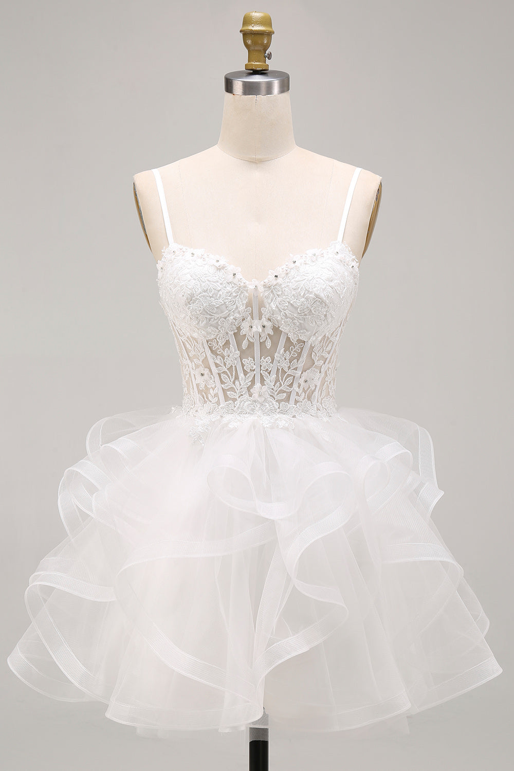 White Floral A-Line Beaded Ruffled Short Corset Homecoming Dress