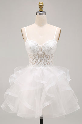 White Floral A-Line Beaded Ruffled Short Corset Homecoming Dress
