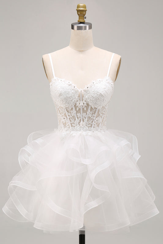 White Floral A-Line Beaded Ruffled Short Corset Homecoming Dress