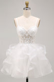 White Floral A-Line Beaded Ruffled Short Corset Homecoming Dress