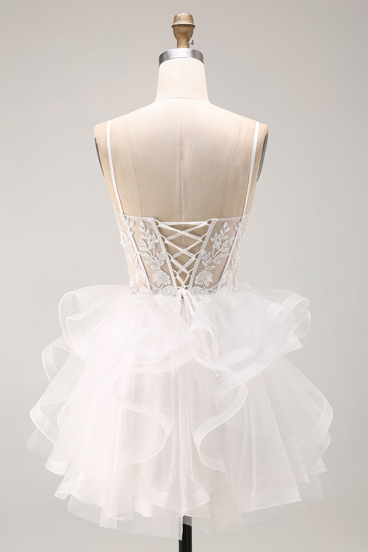White Floral A-Line Beaded Ruffled Short Corset Homecoming Dress