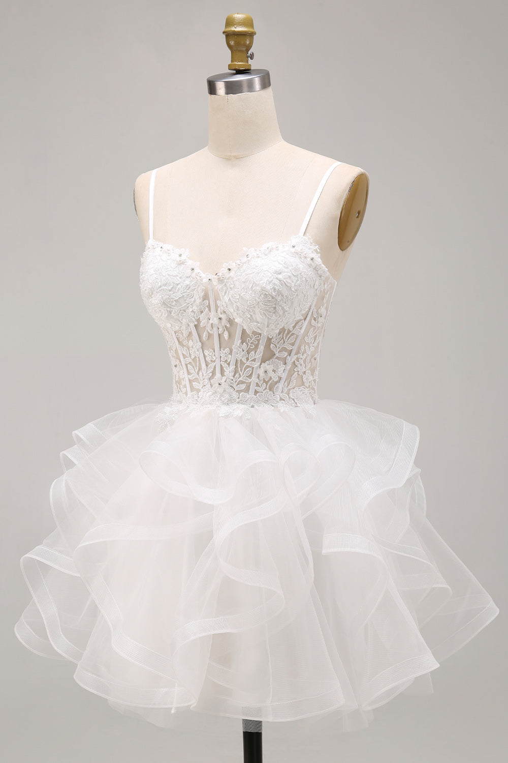 White Floral A-Line Beaded Ruffled Short Corset Homecoming Dress