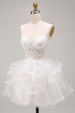 White Floral A-Line Beaded Ruffled Short Corset Homecoming Dress