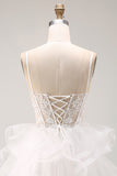 White Floral A-Line Beaded Ruffled Short Corset Homecoming Dress