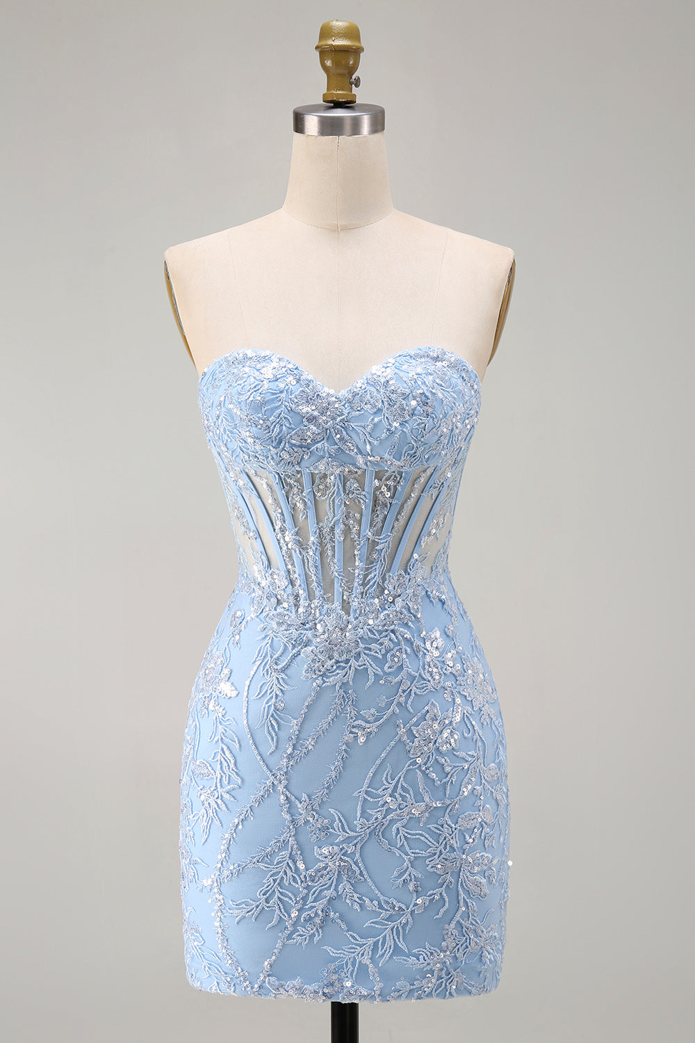 Blue Floral Tight Sweetheart Sparkly Short Corset Homecoming Dress