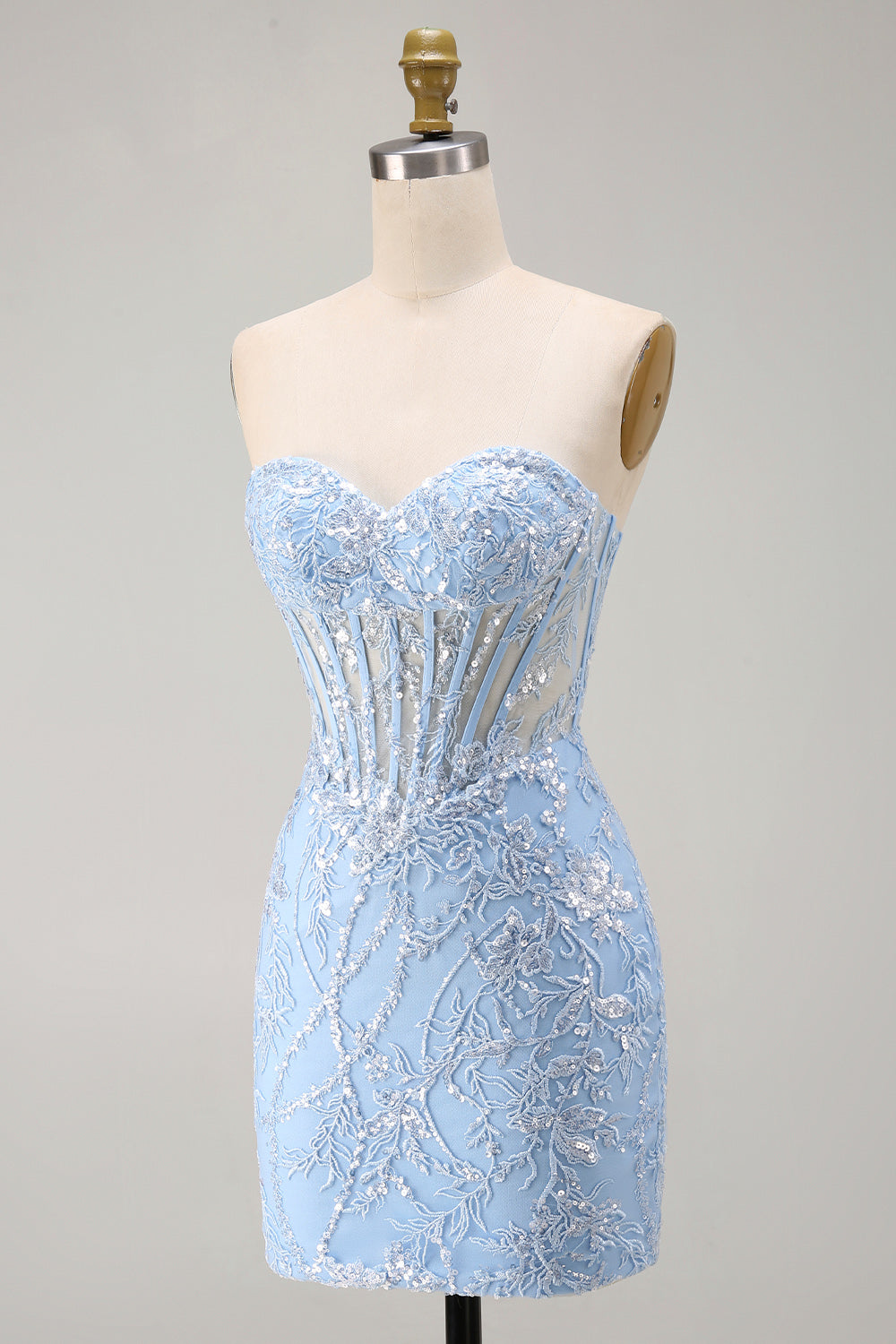 Blue Floral Tight Sweetheart Sparkly Short Corset Homecoming Dress