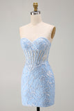 Blue Floral Tight Sweetheart Sparkly Short Corset Homecoming Dress
