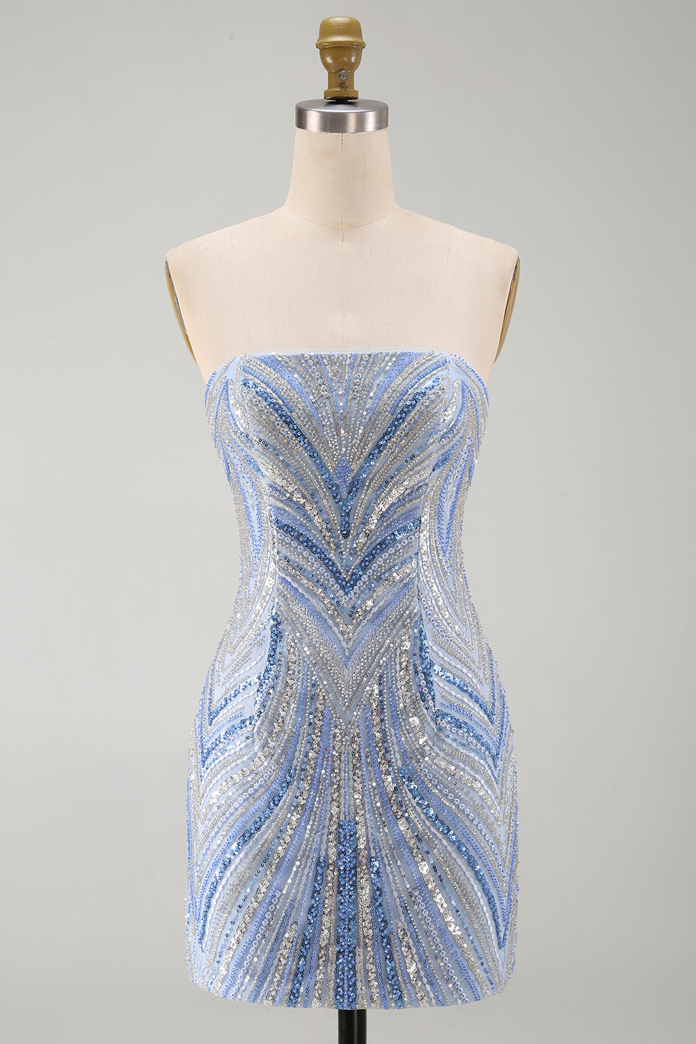 Blue Beaded Strapless Sequins Sparkly Tight Short Homecoming Dress