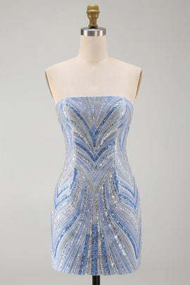 Blue Beaded Strapless Sequins Sparkly Tight Short Homecoming Dress