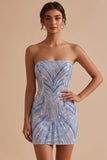 Blue Beaded Strapless Sequins Sparkly Tight Short Homecoming Dress