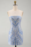 Blue Beaded Strapless Sequins Sparkly Tight Short Homecoming Dress
