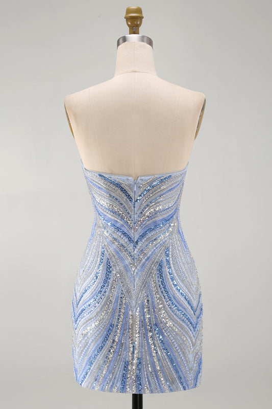 Blue Beaded Strapless Sequins Sparkly Tight Short Homecoming Dress