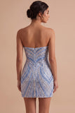 Blue Beaded Strapless Sequins Sparkly Tight Short Homecoming Dress