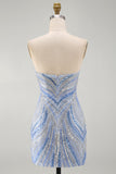 Blue Beaded Strapless Sequins Sparkly Tight Short Homecoming Dress