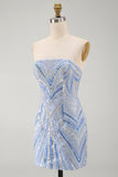 Blue Beaded Strapless Sequins Sparkly Tight Short Homecoming Dress