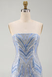 Blue Beaded Strapless Sequins Sparkly Tight Short Homecoming Dress