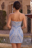 Blue Beaded Strapless Sequins Sparkly Tight Short Homecoming Dress