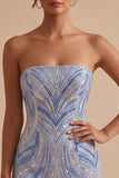 Blue Beaded Strapless Sequins Sparkly Tight Short Homecoming Dress