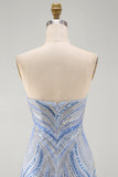 Blue Beaded Strapless Sequins Sparkly Tight Short Homecoming Dress