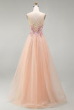Champagne Floral Corset Beaded Tulle A Line Long Prom Dress
