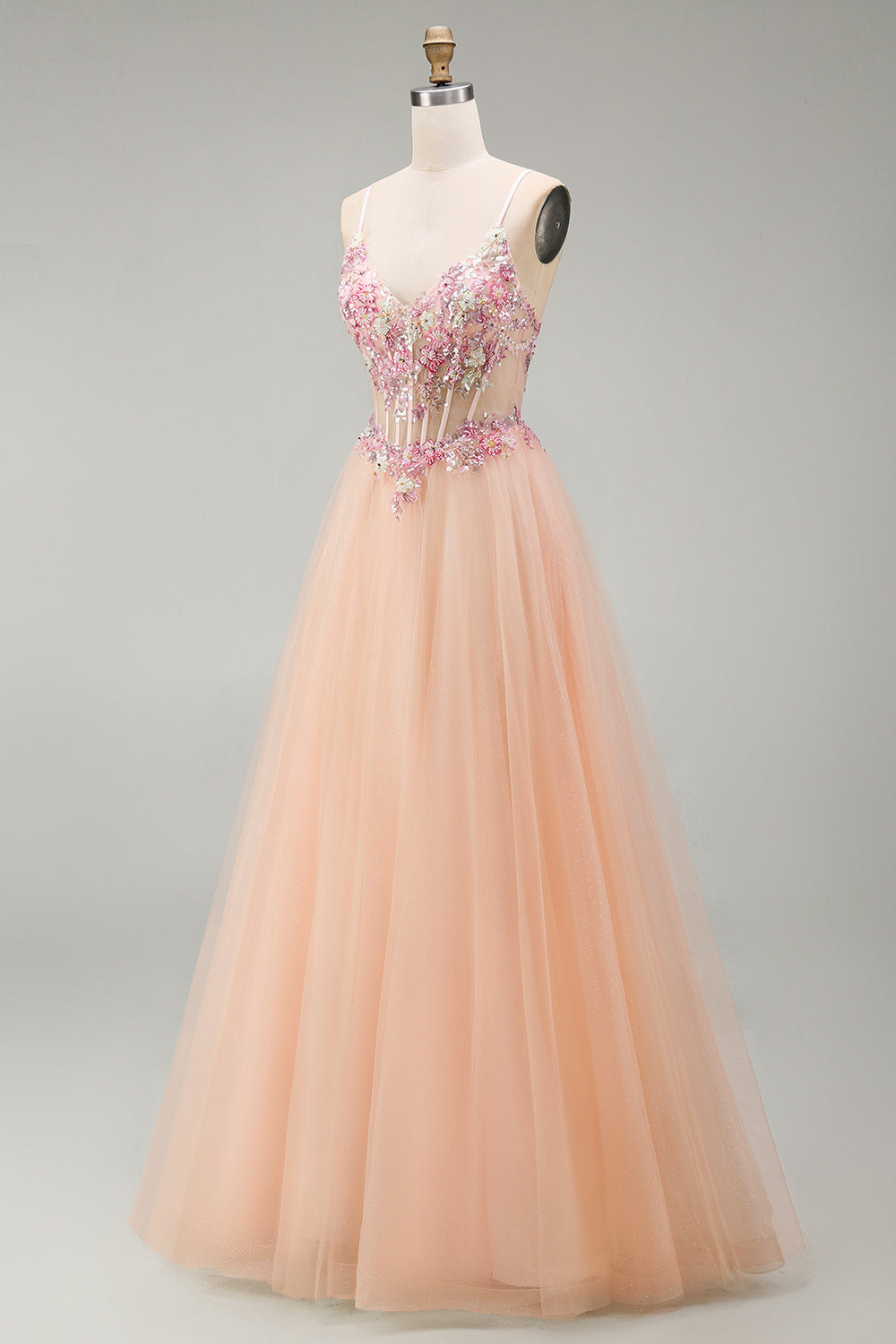 Champagne Floral Corset Beaded Tulle A Line Long Prom Dress