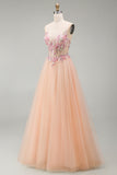 Champagne Floral Corset Beaded Tulle A Line Long Prom Dress