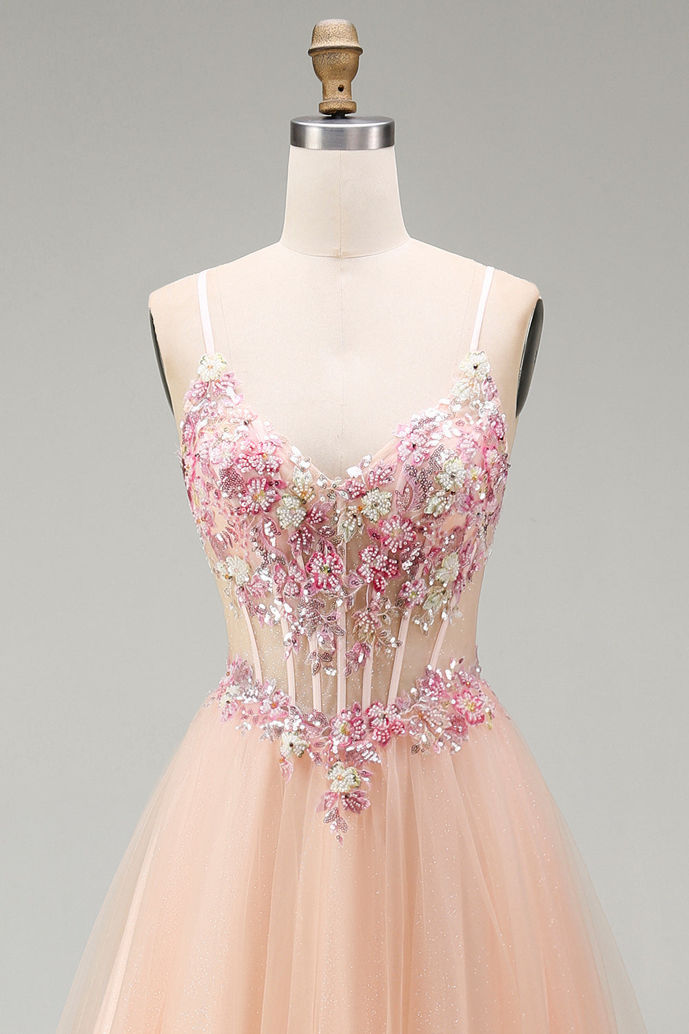 Champagne Floral Corset Beaded Tulle A Line Long Prom Dress