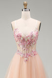 Champagne Floral Corset Beaded Tulle A Line Long Prom Dress