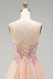 Champagne Floral Corset Beaded Tulle A Line Long Prom Dress