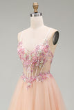 Champagne Floral Corset Beaded Tulle A Line Long Prom Dress